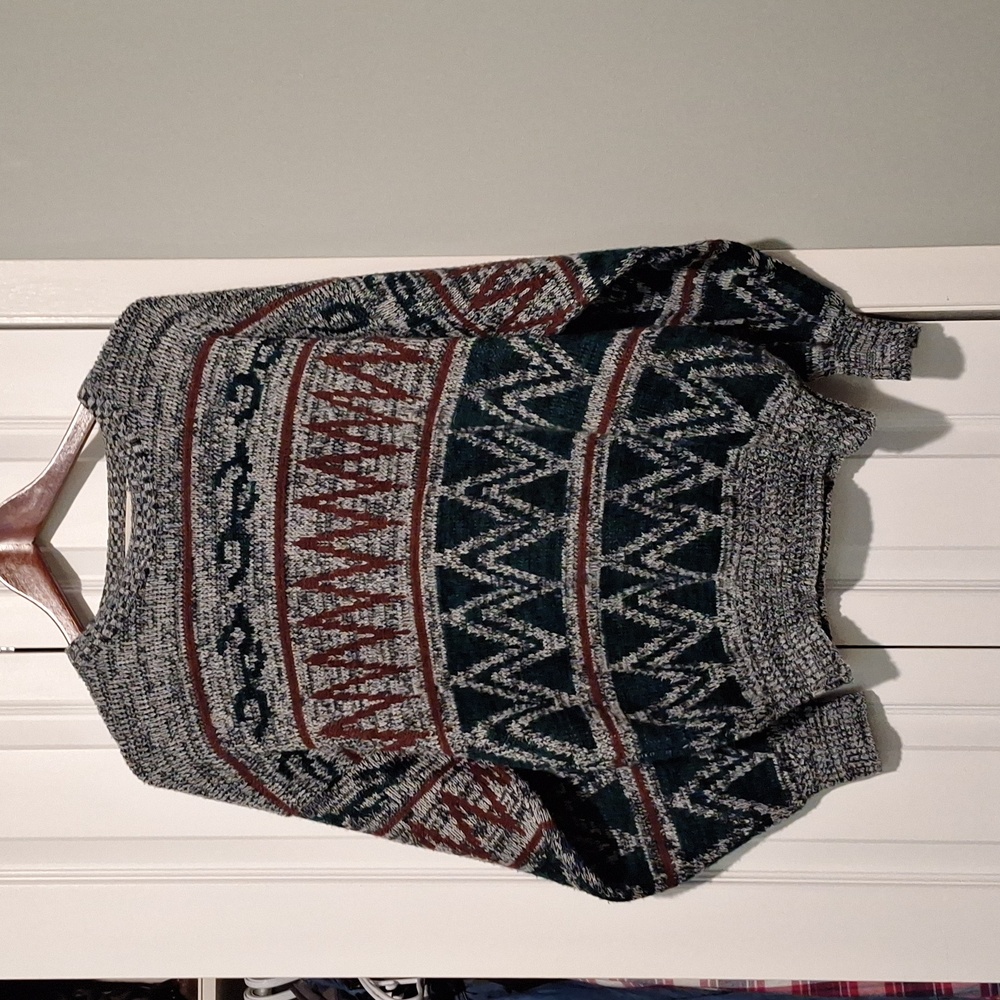 Men's Crewneck Geometric Knit Sweater - Gray, Teal & Rust
